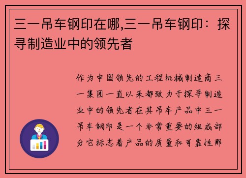 三一吊车钢印在哪,三一吊车钢印：探寻制造业中的领先者